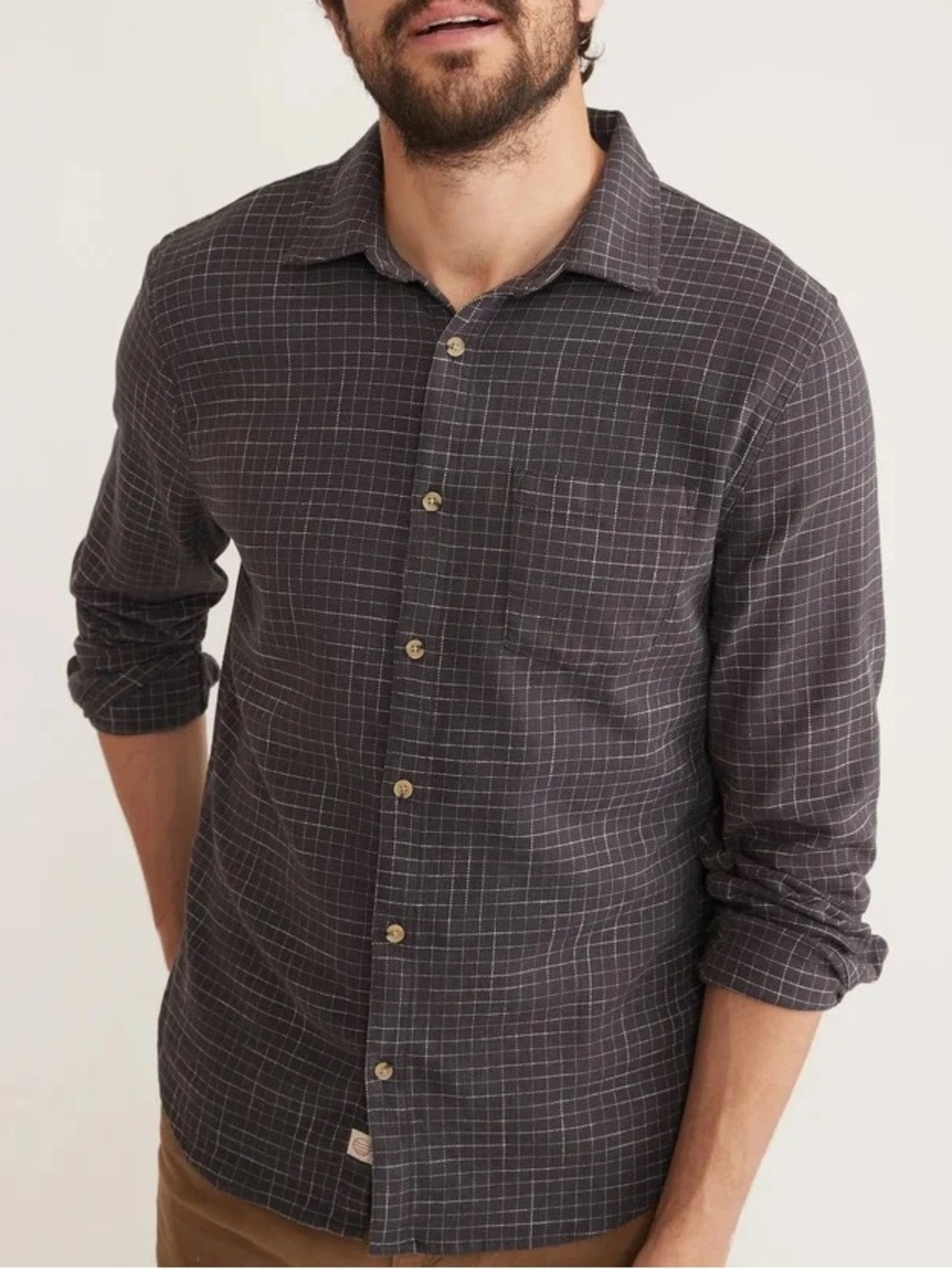 Marine Layer Men's Cotton Gray Windowpane Button-Up Shirt M/L